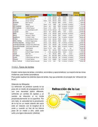 11.6.2. Tipos de lentes
Existen varios tipos de lentes: cromático, acromático y apocromáticos. La mayoría de las miras
modernas usan lentes acromáticos.
Para poder explicar los distintos tipos de lentes, hay que entender el concepto de “refracción de
la luz”.
Obtenido de Wikipedia:
La refracción se produce cuando la luz
pasa de un medio de propagación a otro
con una densidad óptica diferente,
sufriendo un cambio de rapidez y un
cambio de dirección si no incide
perpendicularmente en la superficie. Por
otro lado, la velocidad de la penetración
de la luz en un medio distinto del vacío
está en relación con la longitud de la
onda y, cuando un haz de luz blanca
pasa de un medio a otro, cada color
sufre una ligera desviación (distinta).
50
 