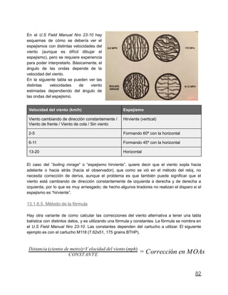 En el U.S Field Manual Nro 23-10 hay
esquemas de cómo se debería ver el
espejismos con distintas velocidades del
viento (aunque es difícil dibujar el
espejismo), pero se requiere experiencia
para poder interpretarlo. Básicamente, el
ángulo de las ondas depende de la
velocidad del viento.
En la siguiente tabla se pueden ver las
distintas velocidades de viento
estimadas dependiendo del ángulo de
las ondas del espejismo.
Velocidad del viento (km/h) Espejismo
Viento cambiando de dirección constantemente /
Viento de frente / Viento de cola / Sin viento
Hirviente (vertical)
2-5 Formando 60º con la horizontal
6-11 Formando 45º con la horizontal
13-20 Horizontal
El caso del “boiling mirage” o “espejismo hirviente”, quiere decir que el viento sopla hacia
adelante o hacia atrás (hacia el observador), que como se vió en el método del reloj, no
necesita corrección de deriva, aunque el problema es que también puede significar que el
viento está cambiando de dirección constantemente de izquierda a derecha y de derecha a
izquierda, por lo que es muy arriesgado; de hecho algunos tiradores no realizan el disparo si el
espejismo es “hirviente”.
13.1.6.5. Método de la fórmula
Hay otra variante de como calcular las correcciones del viento alternativa a tener una tabla
balística con distintos datos, y es utilizando una fórmula y constantes. La fórmula se nombra en
el U.S Field Manual Nro 23-10. Las constantes dependen del cartucho a utilizar. El siguiente
ejemplo es con el cartucho M118 (7.62x51, 175 grains BTHP).
orrección en MOAsCONSTANTE
Distancia (cientos de metro)×V elocidad del viento (mph)
= C
82
 