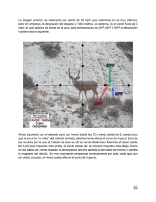La imagen anterior, es solamente por viento de 10 mph (que realmente no es muy intenso),
pero sin embargo, la desviación del disparo a 1000 metros, es extrema. Si el viento fuera de 3
mph, el cual apenas se siente en la cara, para temperaturas de 30ºF, 60ºF y 90ºF, la desviación
hubiera sido la siguiente:
Ahora siguiendo con el ejemplo pero con viento desde las 12 y viento desde las 6, queda claro
que la zona de “no valor” del método del reloj, efectivamente afecta el punto de impacto (otra de
las razones por la que el método de reloj es útil en cortas distancias). Mientras el viento desde
las 6 provoca impactos más arriba, el viento desde las 12 provoca impactos más abajo. Como
en los casos de viento cruzado, la temperatura del aire cambia la densidad del mismo y cambia
la magnitud del desvío. Es muy importante compensar correctamente por todo, dado que aun
sin viento cruzado, el viento puede afectar el punto de impacto.
85
 