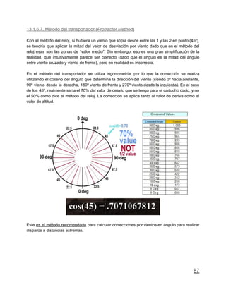 13.1.6.7. Método del transportador (Protractor Method)
Con el método del reloj, si hubiera un viento que sopla desde entre las 1 y las 2 en punto (45º),
se tendría que aplicar la mitad del valor de desviación por viento dado que en el método del
reloj esas son las zonas de “valor medio”. Sin embargo, eso es una gran simplificación de la
realidad, que intuitivamente parece ser correcto (dado que el ángulo es la mitad del ángulo
entre viento cruzado y viento de frente), pero en realidad es incorrecto.
En el método del transportador se utiliza trigonometría, por lo que la corrección se realiza
utilizando el coseno del ángulo que determina la dirección del viento (siendo 0º hacia adelante,
90º viento desde la derecha, 180º viento de frente y 270º viento desde la izquierda). En el caso
de los 45º, realmente sería el 70% del valor de desvío que se tenga para el cartucho dado, y no
el 50% como dice el método del reloj. La corrección se aplica tanto al valor de deriva como al
valor de altitud.
Este es el método recomendado para calcular correcciones por vientos en ángulo para realizar
disparos a distancias extremas.
87
 