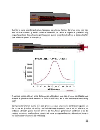 Cuando la punta abandona el cañón, la presión es sólo una fracción de lo fue en su pico más
alto. En este momento, y a corta distancia de la boca del cañón, al proyectil le queda una muy
pequeña cantidad de aceleración por los gases que se expanden al salir de la boca del cañón
(que es lo que genera el estampido).
A grandes rasgos, sólo un tercio de la energía utilizada en todo este proceso es utilizada para
acelerar el proyectil hacia adelante, el resto es absorbido por el fusil en forma de retroceso y
calor.
Es importante tener en cuenta todo este proceso, porque un pequeño cambio como puede ser
de fricción en el ánima del cañón, afectaría la curva de presión, que a su vez afectaría las
ondas de vibración que se mueven a través del fusil, lo que generaría un cambio en el eje del
cañón y un cambio en el punto de impacto (sin tomar en cuenta el cambio del punto de impacto
por potenciales variaciones de velocidad).
96
 