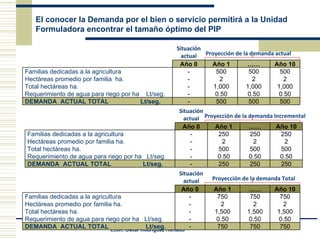 Situación actual Proyección de la demanda actual Situación actual Proyección de la demanda Incremental Situación actual Proyección de la demanda Total El conocer la Demanda por el bien o servicio permitirá a la Unidad Formuladora encontrar el tamaño óptimo del PIP Año 0 Año 1 …… Año 10 Familias dedicadas a la agricultura Hectáreas promedio por familia  ha. Total hectáreas ha. Requerimiento de agua para riego por ha  Lt/seg. - - - - 500 2 1,000 0.50 500 2 1,000 0.50 500 2 1,000 0.50 DEMANDA  ACTUAL TOTAL  Lt/seg. - 500 500 500 Año 0 Año 1 …… Año 10 Familias dedicadas a la agricultura Hectáreas promedio por familia ha. Total hectáreas ha. Requerimiento de agua para riego por ha  Lt/seg. - - - - 250 2 500 0.50 250 2 500 0.50 250 2 500 0.50 DEMANDA  ACTUAL TOTAL  Lt/seg. - 250 250 250 Año 0 Año 1 …… Año 10 Familias dedicadas a la agricultura Hectáreas promedio por familia ha. Total hectáreas ha. Requerimiento de agua para riego por ha  Lt/seg. - - - - 750 2 1,500 0.50 750 2 1,500 0.50 750 2 1,500 0.50 DEMANDA  ACTUAL TOTAL  Lt/seg. - 750 750 750 