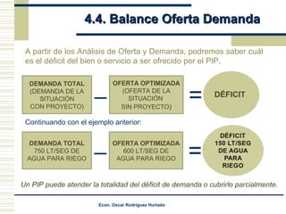 4.4. Balance Oferta Demanda  A partir de los Análisis de Oferta y Demanda, podremos saber cuál es el déficit del bien o servicio a ser ofrecido por el PIP, Continuando con el ejemplo anterior: Un PIP puede atender la totalidad del déficit de demanda o cubrirlo parcialmente. DEMANDA TOTAL 750 LT/SEG DE AGUA PARA RIEGO OFERTA OPTIMIZADA 600 LT/SEG DE AGUA PARA RIEGO = _ DEMANDA TOTAL (DEMANDA DE LA SITUACIÓN CON PROYECTO) OFERTA OPTIMIZADA (OFERTA DE LA SITUACIÓN  SIN PROYECTO ) = _ DÉFICIT 