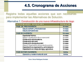 4.5. Cronograma de Acciones Registra todas aquellas acciones que son necesarias para implementar las Alternativas de Solución. Alternativa 1:  Construcción de una nueva infraestructura de riego ACTIVIDADES   DURACIÓN DURACIÓN FASE  DE  PRE-INVERSIÓN 8 meses Estudio de Perfil y Pre-factibilidad Estudio de Factibilidad 4 meses 4 meses FASE DE INVERSIÓN 16 meses Expediente Técnico Etapa 1: Construcción de un nuevo canal Construcción de la bocatoma Construcción del canal Construcción de caja de control Etapa 2: Organización de la junta de usuarios Capacitación en organización y administración Capacitación en manejo de riego y agricultura 4 meses 8 meses 2 meses 4 meses 2 meses 4 meses 2 meses 2 meses FASE DE POST-INVERSIÓN  8 años Operación y mantenimiento del canal 8 años 