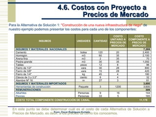 4.6. Costos con Proyecto a  Precios de Mercado Para la Alternativa de Solución 1:  "Construcción de una nueva infraestructura de riego"  de nuestro ejemplo podemos presentar los costos para cada uno de los componentes: En este punto se debe determinar cuál es el costo de cada Alternativa de Solución a Precios de Mercado, es decir, a los precios tal como los conocemos. INSUMOS UNIDADES CANTIDAD COSTO UNITARIO A PRECIOS DE MERCADO COSTO COMPONENTE A PRECIO DE MERCADO INSUMOS Y MATERIALES  NACIONALES 7,269 Cemento  bolsa 120 20  2,400  Hormigón  m3 60 35  2,100  Arena fina  m3 2 35  70  Piedra grande  m3 30 35  1,050  Tablas  pieza 12 8  96  Fierro de 1/2"  vara 30 28  840  Fierro de 3/8"  vara 15 28  420  Fierro de 1/4"  kg 45 4  180  Clavos de 3 y 3.5"  ciento 8 4  32  Alambre Nº 16  m 27 3  81  INSUMOS Y MATERIALES IMPORTADOS 3,600 Herramientas de construcción Paquete 3 1200 3,600 REMUNERACIONES 309 Albañiles Peones Personas Personas 9 33 16 5 144 165 COSTO TOTAL COMPONENTE CONSTRUCCIÓN DE CANAL  11,178 