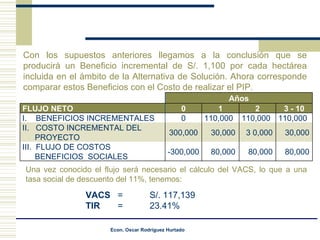 Una vez conocido el flujo será necesario el cálculo del VACS, lo que a una tasa social de descuento del 11%, tenemos: VACS  =  S/. 117,139 TIR  =  23.41% Con los supuestos anteriores llegamos a la conclusión que se producirá un Beneficio incremental de S/. 1,100 por cada hectárea incluida en el ámbito de la Alternativa de Solución. Ahora corresponde comparar estos Beneficios con el Costo de realizar el PIP. Años FLUJO NETO 0 1 2 3 - 10 I.  BENEFICIOS INCREMENTALES 0 110,000 110,000 110,000 II.  COSTO INCREMENTAL DEL PROYECTO 300,000 30,000 3 0,000 30,000 III.  FLUJO DE COSTOS  BENEFICIOS  SOCIALES -300,000 80,000 80,000 80,000 