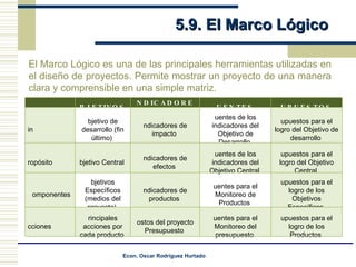 5.9. El Marco Lógico El Marco Lógico es una de las principales herramientas utilizadas en el diseño de proyectos. Permite mostrar un proyecto de una manera clara y comprensible en una simple matriz. OBJETIVOS INDICADORES FUENTES SUPUESTOS Fin  Objetivo de desarrollo (fin último)  Indicadores de impacto  Fuentes de los indicadores del Objetivo de Desarrollo  Supuestos para el logro del Objetivo de desarrollo  Propósito  Objetivo Central  Indicadores de efectos  Fuentes de los indicadores del Objetivo Central  Supuestos para el logro del Objetivo Central  Componentes  Objetivos Específicos (medios del proyecto)  Indicadores de productos  Fuentes para el Monitoreo de Productos  Supuestos para el logro de los Objetivos Específicos  Acciones  Principales acciones por cada producto  Costos del proyecto Presupuesto  Fuentes para el Monitoreo del presupuesto  Supuestos para el logro de los Productos  