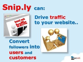 Snip.ly can:
Drive traffic
to your website..
Convert
followers into
users and
customers