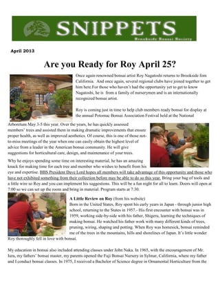 April 2013
Are you Ready for Roy April 25?
Once again renowned bonsai artist Roy Nagatoshi returns to Brookside fom
California. And once again, several regional clubs have joined together to get
him here.For those who haven’t had the opportunity yet to get to know
Nagatoshi, he is from a family of nurserymen and is an internationally
recognized bonsai artist.
Roy is coming just in time to help club members ready bonsai for display at
the annual Potomac Bonsai Association Festival held at the National
Arboretum May 3-5 this year. Over the years, he has quickly assessed
members’ trees and assisted them in making dramatic improvements that ensure
proper health, as well as improved aesthetics. Of course, this is one of those not-
to-miss meetings of the year when one can easily obtain the highest level of
advice from a leader in the American bonsai community. He will give
suggestions for horticultural care, design, and maintenance of your trees.
Why he enjoys spending some time on interesting material, he has an amazing
knack for making time for each tree and member who wishes to benefit from his
eye and expertise. BBS President Dave Lord hopes all members will take advantage of this opportunity and those who
have not exhibited something from their collection before may be able to do so this year. Bring your bag of tools and
a little wire so Roy and you can implement his suggestions. This will be a fun night for all to learn. Doors will open at
7:00 so we can set up the room and bring in material. Program starts at 7:30.
A Little Review on Roy (from his website)
Born in the United States, Roy spent his early years in Japan - through junior high
school, returning to the States in 1957.- His first encounter with bonsai was in
1959, working side-by-side with his father, Shigeru, learning the techniques of
making bonsai. He watched his father work with many different kinds of trees,
pruning, wiring, shaping and potting. When Roy was homesick, bonsai reminded
me of the trees in the mountains, hills and shorelines of Japan. It’s little wonder
Roy thoroughly fell in love with bonsai.
My education in bonsai also included attending classes under John Naka. In 1965, with the encouragement of Mr.
Iura, my fathers’ bonsai master, my parents opened the Fuji Bonsai Nursery in Sylmar, California, where my father
and I conduct bonsai classes. In 1975, I received a Bachelor of Science degree in Ornamental Horticulture from the
 
