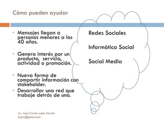 Cómo pueden ayudar Mensajes llegan a personas menores a los 40 años.  Genera interés por un producto,  servicio, actividad o promoción. Nueva forma de compartir información con stakeholder. Desarrollar una red que trabaje detrás de uno. Redes Sociales Informática Social Social Media Lic. Juan Carlos Luján Zavala  [email_address] 