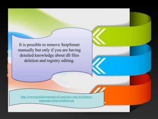 It is possible to remove SnipSmartmanually but only if you are having detailed knowledge about dllfiles deletion and registry editing. 
http://www.pcinfectionremoval.com/easy-way-to-remove- snipsmart-from-windows-pc  
