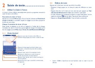 29 30
Saisie de texte2 ............................
Utiliser le clavier à l’écran2.1
Le clavier à l’écran s’affiche automatiquement quand un programme nécessite la
saisie de texte ou de chiffres.
Paramètres du clavier à l’écran
Appuyez sur la touche Menu depuis l’écran d’accueil, sélectionnez Paramètres
Langue et clavier, un ensemble complet de réglages vous est alors proposé en
fonction de votre choix.
Changer l’orientation du clavier à l’écran
Faites pivoter le téléphone sur le côté ou replacez-le à l’endroit afin de changer
l’orientation du clavier à l’écran.Vous pouvez également changer d’orientation par le
biais des réglages (touche Menu depuis l’écran d’accueilParamètresAffichage).
Clavier Android2.1.1
Appuyez deux fois ici pour verrouiller le mode de saisie
en majuscules.
Appuyez ici pour basculer entre le clavier numérique et
celui des symboles.
Appuyez pour sélectionner un mode de saisie ou
accéder aux paramètres du clavier Android.
Appuyez ici pour activer la reconnaissance vocale.
Maintenez le doigt appuyé, puis faites le glisser pour
sélectionner un caractère tel qu’une lettre accentuée,
un chiffre, etc.
Appuyez ici pour saisir du texte ou des chiffres, ou
maintenez le doigt appuyé pour choisir un mode de saisie.
Édition de texte2.2
Appuyez sur le texte que vous avez saisi afin de le modifier.
Maintenez le doigt appuyé sur un champ de saisie afin d’effectuer un zoom•
avant.
Appuyez deux fois sur le texte que vous avez saisi, puis appuyez sur• Tout
sélectionner/Sélectionner le texte dans la fenêtre contextuelle.
Le texte sélectionné est maintenant surligné en orange. Faites glisser l’un des•
onglets de sélection / afin de définir l’étendue du texte sélectionné.
Appuyez sur• Couper/Copier/Coller (1)
dans la fenêtre contextuelle.
(1)
L’option « Coller » n’apparaît pas tant que l’opération copier ou couper n’a pas été
effectuée.
 