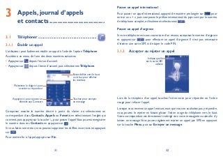 31 32
Appels, journal d’appels3 et contacts..................................
Téléphoner3.1 ..........................................................
Établir un appel3.1.1
L’utilisateur peut facilement établir un appel à l’aide de l’option Téléphone.
Accédez à ce menu de l’une des deux manières suivantes:
Appuyez sur• depuis l’écran d’accueil.
Appuyez sur• depuis l’écran d’accueil, puis sélectionnez Téléphone.
Appuyez ici pour ajouter un
élément aux Contacts
Maintenez le doigt ici pour
accéder au répondeur
Touchez pour envoyer
un message
Faites défiler vers le haut
ou le bas pour afficher
les résultats
Composez ensuite le numéro désiré à partir du clavier ou sélectionnez un
correspondant dans Contacts, Appels ou Favoris en sélectionnant l’onglet qui
convient,puis appuyez sur la touche pour passer l’appel.Vous pouvez enregistrer
le numéro dans vos Contacts en appuyant sur .
Si vous faites une erreur,vous pouvez supprimer les chiffres incorrects en appuyant
sur .
Pour mettre fin à l’appel, appuyez sur Fin.
Passer un appel international
Pour passer un appel international, appuyez de manière prolongée sur pour
entrer un « + », puis composez le préfixe international du pays suivi par le numéro
de téléphone complet, et finalement sélectionnez .
Passer un appel d’urgence
Si votre téléphone est sous couverture d’un réseau,composez le numéro d’urgence
et appuyez sur pour effectuer un appel d’urgence. Il n’est pas nécessaire
d’insérer une carte SIM, ni de taper le code PIN.
Accepter ou rejeter un appel3.1.2
Indique quelle
est la carte SIM
utilisée
Lors de la réception d’un appel, touchez l’icône verte pour répondre ou l’icône
rouge pour refuser l’appel.
Lorsque vous recevez un appel entrant,mais que vous ne souhaitez pas y répondre,
vous pouvez le rejeter en faisant glisser l’icône rouge du téléphone vers le haut.
Votre correspondant est directement redirigé vers votre messagerie vocale afin d’y
laisser un message.Vous pouvez également rejeter un appel par SMS en appuyant
sur la touche Menu, puis sur Envoyer un message.
 