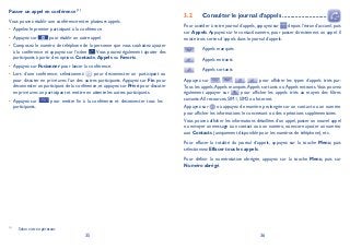 35 36
Passer un appel en conférence (1)
Vous pouvez établir une conférence entre plusieurs appels.
Appelez le premier participant à la conférence.•
Appuyez sur• pour établir un autre appel.
Composez le numéro de téléphone de la personne que vous souhaitez ajouter•
à la conférence et appuyez sur l’icône .Vous pouvez également ajouter des
participants à partir des options Contacts, Appels ou Favoris.
Appuyez sur• Fusionner pour lancer la conférence.
Lors d’une conférence, sélectionnez• pour déconnecter un participant ou
pour discuter en privé avec l’un des autres participants. Appuyez sur Fin pour
déconnecter un participant de la conférence, et appuyez sur Privé pour discuter
en privé avec un participant et mettre en attente les autres participants.
Appuyez sur• pour mettre fin à la conférence et déconnecter tous les
participants.
(1)
Selon votre opérateur.
Consulter le journal d’appels3.2 ............................
Pour accéder à votre journal d’appels, appuyez sur depuis l’écran d’accueil, puis
sur Appels.Appuyez sur le contact/numéro, pour passer directement un appel. Il
existe trois sortes d’appels dans le journal d’appels:
Appels manqués
Appels entrants
Appels sortants
Appuyez sur , , , pour afficher les types d’appels triés par:
Tous les appels,Appels manqués,Appels sortants ou Appels entrants.Vous pouvez
également appuyer sur pour afficher les appels triés au moyen des filtres
suivants:All resources, SIM1, SIM2 ou Internet.
Appuyez sur ou appuyez de manière prolongée sur un contact ou un numéro
pour afficher les informations le concernant ou des opérations supplémentaires.
Vous pouvez afficher les informations détaillées d’un appel, passer un nouvel appel
ou envoyer un message à un contact ou à un numéro,ou encore ajouter un numéro
aux Contacts (uniquement disponible pour les numéros de téléphone), etc.
Pour effacer la totalité du journal d’appels, appuyez sur la touche Menu, puis
sélectionnez Effacer tous les appels.
Pour définir la numérotation abrégée, appuyez sur la touche Menu, puis sur
Numéro abrégé.
 