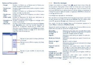 47 48
Options de Pièces jointes:
Images• Accédez à la Galerie ou au Gestionnaire de fichiers pour
mettre une photo en pièce jointe.
Prendre une•
photo
Accédez à l’Appareil photo pour prendre une photo à mettre
en pièce jointe.
Vidéos• Accédez à la Galerie ou au Gestionnaire de fichiers pour
mettre une vidéo en pièce jointe.
Prendre une•
vidéo
Accédez à la Caméra pour enregistrer une vidéo à mettre
en pièce jointe.
Fichier audio• Accédez au Gestionnaire de fichiers pour sélectionner un
fichier audio à mettre en pièce jointe.
Enregistrer un•
message
Accédez à l’enregistreur pour enregistrer un message vocal à
mettre en pièce jointe.
Diaporama• Accédez à l’écran Modifier le diaporama, sélectionnez Ajouter
une diapositive pour créer une nouvelle diapositive, et
appuyez sur la diapositive actuelle pour la modifier (voir
illustration ci-après).Appuyez sur la touche Menu pour obtenir
davantage d’options, comme le réglage de la durée d’une
diapositive, l’ajout de musique, etc.
Appuyez ici pour passer à la diapo précédente
ou suivante.
Appuyez ici pour afficher un aperçu de la diapo
actuelle.
Appuyez ici pour modifier le titre de cette
diapo.
Gérer les messages4.1.2
Lorsque vous recevez un message, l’icône apparaît dans la barre d’état afin
de vous prévenir. Faites glisser la barre d’état vers le bas pour ouvrir le panneau
de notification, appuyez sur le nouveau message pour l’ouvrir et lisez-le. Le nom
de la carte SIM dans le coin inférieur droit est celui de celle qui a reçu/envoyé le
message.Vous pouvez également accéder à l’application SMS/MMS et sélectionner
un message afin de l’ouvrir.
Les messages sont regroupés en conversations.
Pour répondre à un message,sélectionnez le message concerné pour ouvrir l’écran
de saisie, saisissez votre texte, puis appuyez sur Envoyer. Pour les modèles à deux
cartes SIM, appuyez sur Envoyer pour sélectionner la carte SIM d’envoi.
Pour revenir à la liste des messages depuis un fil de discussion, appuyez sur la
touche Menu et sélectionnez PlusTous les fils.
Appuyez de manière prolongée sur un message dans l’écran qui affiche tous ses
détails.Vous avez accès aux options de message suivantes:
Verrouiller/
Déverrouiller le
message
Sélectionnez cette option pour verrouiller/déverrouiller
un message afin d’autoriser sa suppression si le nombre
maximal de messages stockés est atteint.
Appeler Sélectionnez cette option pour appeler le numéro de
l’expéditeur.
Ajouter aux Contacts Sélectionnez cette option pour ajouter le numéro aux
Contacts.
Ajouter au signet Ajoutez le numéro au signet.
Suivant Sélectionnez cette option pour transmettre le message
à un autre destinataire.
Copier le texte du
message
Sélectionnez cette option pour copier le contenu
du message en cours. Vous pouvez ensuite coller ce
contenu dans la zone de saisie du nouveau message que
vous êtes en train de rédiger.
Sauvegarder le
message sur la carte SIM
Sélectionnez cette option pour enregistrer le SMS sur
la carte SIM.
Afficher les détails du
message
Sélectionnez cette option pour consulter les
informations d’un message.
Supprimer le message Sélectionnez cette option pour supprimer le message
en cours.
 
