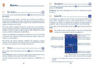 107 108
Autres9 ......................................
Mes fichiers9.1 ...........................................................
Pour accéder à cette fonctionnalité, sélectionnez depuis l’écran d’accueil, puis
Mes fichiers.
Mes fichiers permet de stocker vos fichiers sur carte SD au lieu d’utiliser la
mémoire de votre téléphone.Pour utiliser cette option,vous devez commencer par
installer votre carte SD. Reportez-vous à la page 17 pour consulter les instructions
relatives à l’insertion de la carte SD.
Mes fichiers affiche l’intégralité des données stockées sur la carte microSD, y
compris les applications, les fichiers multimédia téléchargés depuis Android Market,
YouTube ou autres, les vidéos, images ou fichiers audio enregistrés, les autres
données transférées via Bluetooth, un câble USB, etc.
Lorsque vous téléchargez une application d’un ordinateur vers une carte microSD,
vous pouvez placer l’application dans Mes fichiers, puis appuyer dessus pour
l’installer sur votre téléphone.
Mes fichiers vous permet d’exécuter rapidement les opérations courantes
suivantes: créer des dossiers (sous-dossiers), ouvrir des dossiers/fichiers, afficher,
renommer, copier, supprimer, lire ou partager des fichiers, etc.
Notes9.2 .....................................................................
Pour accéder à cette fonctionnalité, sélectionnez depuis l’écran d’accueil, puis
Notes.
Utilisez Notes pour noter vos inspirations, idées, extraits, choses à faire et tout ce
que vous souhaitez conserver pour vous y référer ultérieurement.
Les notes existantes peuvent être envoyées via Bluetooth, un SMS/MMS ou un
E-mail.
Dictaphone9.3 ...........................................................
Pour accéder à cette fonctionnalité, sélectionnez depuis l’écran d’accueil, puis
appuyez sur Dictaphone.
Dictaphone vous permet d’enregistrer des voix/ du son pendant des secondes/
des heures.
Radio FM9.4 .............................................................
Votre téléphone est équipé d’une radio (1)
dotée d’une fonctionnalité RDS (2)
.Vous
pouvez utiliser l’application en tant que radio traditionnelle avec la possibilité
d’enregistrer des stations ou d’afficher des informations visuelles associées au
programme radio si vous syntonisez des stations offrant le serviceVisual Radio.
Pour accéder à cette fonctionnalité, sélectionnez depuis l’écran d’accueil, puis
Radio.
Pour utiliser la radio, vous devez brancher votre kit mains libres, lequel
fonctionne en tant qu’antenne reliée à votre téléphone.
Appuyez ici pour démarrer/
arrêter la lecture
Appuyez ici pour accéder à la
dernière chaîne enregistrée.
Appuyez ici pour afficher la
liste des canaux enregistrés
Appuyez ici pour ajouter la
chaîne en cours aux favoris.
Appuyez ici pour permuter
le mode audio entre le haut-
parleur et le kit mains libres.
Appuyez ici pour augmenter
la fréquence de 0,1 MHz.
Appuyez ici pour accéder à la précédente chaîne enregistrée.
Appuyez ici pour réduire la fréquence de 0,1 MHz.
(1)
La qualité de la radio dépend de la couverture de la station de radio dans cette zone
spécifique.
(2)
Selon votre opérateur réseau et votre marché.
 