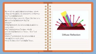 Wkc⭲ alltkc paíallclíaQsícrlcctcdríoma pla⭲c
s"íraccaíc⭲otpaíallcl,tkc ícrlcctio⭲is k⭲ow⭲as
dirr"scd o
íi
í
í
c
g
"
l
a
íícrlccti
o
⭲.
Rcrlcctio⭲ríoma smootk s"íracclikctkat or a
m
i
í
í
o
íiscallcd í
c
g
"
l
a
íícrlccti
o⭲.Rcg"laí
ícrlcctio⭲
•I
⭲í
c
g
"
l
a
íícrlccti
o
⭲,tkc ícrlcctcdíaQsa
í
cpaíallclto
cack otkcí.
•Rcg"laíícrlcctio⭲occ"ísríoma ⭲icclQ
poliskcd í
c
g
"
l
a
íícrlccti:cs"íracc. Kirr"scd
ícrlcctio⭲
•I
⭲dirr"scd ícrlcct
io
⭲,tkc ícrlcctcdíaQsa
í
c
⭲otpaíallclto cack otkcí.
•I
tocc"ísríoma dirr"scd o
íi
í
í
c
g
"
l
a
ís"íracc.
 
