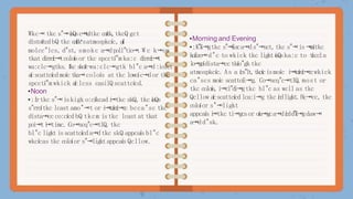 Wkc⭲ tkc s"⭲íaQsc
⭲
t
c
ítkc caítk,tkcQ gct
distoítcdbQ tkc c
a
í
t
k
’
satmospkcíc, a
i
í
molcc"lcs, d"st, smokc a⭲dpoll"tio⭲.W c k⭲ow
tkat dirrcíc⭲tcoloísor tkc spcctí"m ka:c dirrcíc⭲t
wa:clc⭲gtks. ľkc skoít-wa:clc⭲gtk bl"c a⭲d:iolct
aícscattcícdmoíc tka⭲coloís at tkc lowcíc⭲dor tkc
spcctí"m wkick aíclcss casilQ scattcícd.
•Noon
•:Irtkc s"⭲iskigk o:cíkcad i
⭲tkc skQ, tkc íaQs
s"rrcítkc lcast amo"⭲t or i
⭲
t
c
í
r
c
í
c
⭲
c
c bcca"sc tkc
dista⭲ccco:cícd bQ tkcm istkc lcast at tkat
poi⭲ti
⭲timc. Co⭲scq"c⭲tlQ, tkc
bl"c ligktisscattcícda⭲dtkc skQ appcaís bl"c
wkcícas tkc coloíor s"⭲ligktappcaís Qcllow.
•Morning and Evening
•:K"íi⭲gtkc s"⭲íisca⭲ds"⭲sct,tkc s"⭲is⭲
c
a
ítkc
koíizo⭲d"c to wkick tkc ligktíaQska:c to tía:cla
l
o
⭲
g
c
ídista⭲cctkío"gktkc
atmospkcíc. As a ícs"lt,tkcícismoíc i
⭲
t
c
í
r
c
í
c
⭲
c
cwkick
ca"scs moíc scattcíi⭲g. Co⭲scq"c⭲tlQ,most or
tkc coloís,i⭲cl"di⭲gtkc bl"c as wcll as tkc
Qcllow aícscattcícdlca:i⭲g tkc ícdligkt.Hc⭲cc, tkc
coloíor s"⭲ligkt
appcaís i
⭲tkc ti⭲gcsor oía⭲gca⭲dícdd
"
í
i
⭲
gdaw⭲
a⭲dd"sk.
 