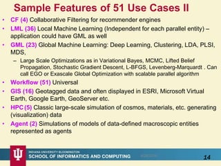 Sample Features of 51 Use Cases II
• CF (4) Collaborative Filtering for recommender engines
• LML (36) Local Machine Learning (Independent for each parallel entity) –
application could have GML as well
• GML (23) Global Machine Learning: Deep Learning, Clustering, LDA, PLSI,
MDS,
– Large Scale Optimizations as in Variational Bayes, MCMC, Lifted Belief
Propagation, Stochastic Gradient Descent, L-BFGS, Levenberg-Marquardt . Can
call EGO or Exascale Global Optimization with scalable parallel algorithm
• Workflow (51) Universal
• GIS (16) Geotagged data and often displayed in ESRI, Microsoft Virtual
Earth, Google Earth, GeoServer etc.
• HPC(5) Classic large-scale simulation of cosmos, materials, etc. generating
(visualization) data
• Agent (2) Simulations of models of data-defined macroscopic entities
represented as agents
148/28/2016
 