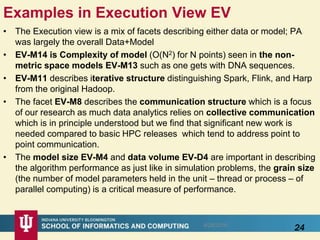 Examples in Execution View EV
• The Execution view is a mix of facets describing either data or model; PA
was largely the overall Data+Model
• EV-M14 is Complexity of model (O(N2) for N points) seen in the non-
metric space models EV-M13 such as one gets with DNA sequences.
• EV-M11 describes iterative structure distinguishing Spark, Flink, and Harp
from the original Hadoop.
• The facet EV-M8 describes the communication structure which is a focus
of our research as much data analytics relies on collective communication
which is in principle understood but we find that significant new work is
needed compared to basic HPC releases which tend to address point to
point communication.
• The model size EV-M4 and data volume EV-D4 are important in describing
the algorithm performance as just like in simulation problems, the grain size
(the number of model parameters held in the unit – thread or process – of
parallel computing) is a critical measure of performance.
248/28/2016
 