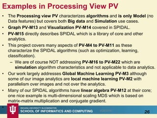 Examples in Processing View PV
• The Processing view PV characterizes algorithms and is only Model (no
Data features) but covers both Big data and Simulation use cases.
• Graph PV-M13 and Visualization PV-M14 covered in SPIDAL.
• PV-M15 directly describes SPIDAL which is a library of core and other
analytics.
• This project covers many aspects of PV-M4 to PV-M11 as these
characterize the SPIDAL algorithms (such as optimization, learning,
classification).
– We are of course NOT addressing PV-M16 to PV-M22 which are
simulation algorithm characteristics and not applicable to data analytics.
• Our work largely addresses Global Machine Learning PV-M3 although
some of our image analytics are local machine learning PV-M2 with
parallelism over images and not over the analytics.
• Many of our SPIDAL algorithms have linear algebra PV-M12 at their core;
one nice example is multi-dimensional scaling MDS which is based on
matrix-matrix multiplication and conjugate gradient.
•
268/28/2016
 
