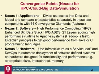 Convergence Points (Nexus) for
HPC-Cloud-Big Data-Simulation
• Nexus 1: Applications – Divide use cases into Data and
Model and compare characteristics separately in these two
components with 64 Convergence Diamonds (features)
• Nexus 2: Software – High Performance Computing (HPC)
Enhanced Big Data Stack HPC-ABDS. 21 Layers adding high
performance runtime to Apache systems (Hadoop is fast!).
Establish principles to get good performance from Java or C
programming languages
• Nexus 3: Hardware – Use Infrastructure as a Service IaaS and
DevOps to automate deployment of software defined systems
on hardware designed for functionality and performance e.g.
appropriate disks, interconnect, memory
48/28/2016
 