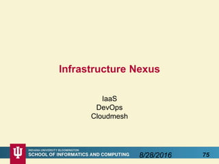 Infrastructure Nexus
IaaS
DevOps
Cloudmesh
8/28/2016 75
 