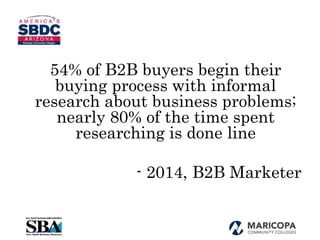 54% of B2B buyers begin their
buying process with informal
research about business problems;
nearly 80% of the time spent
...