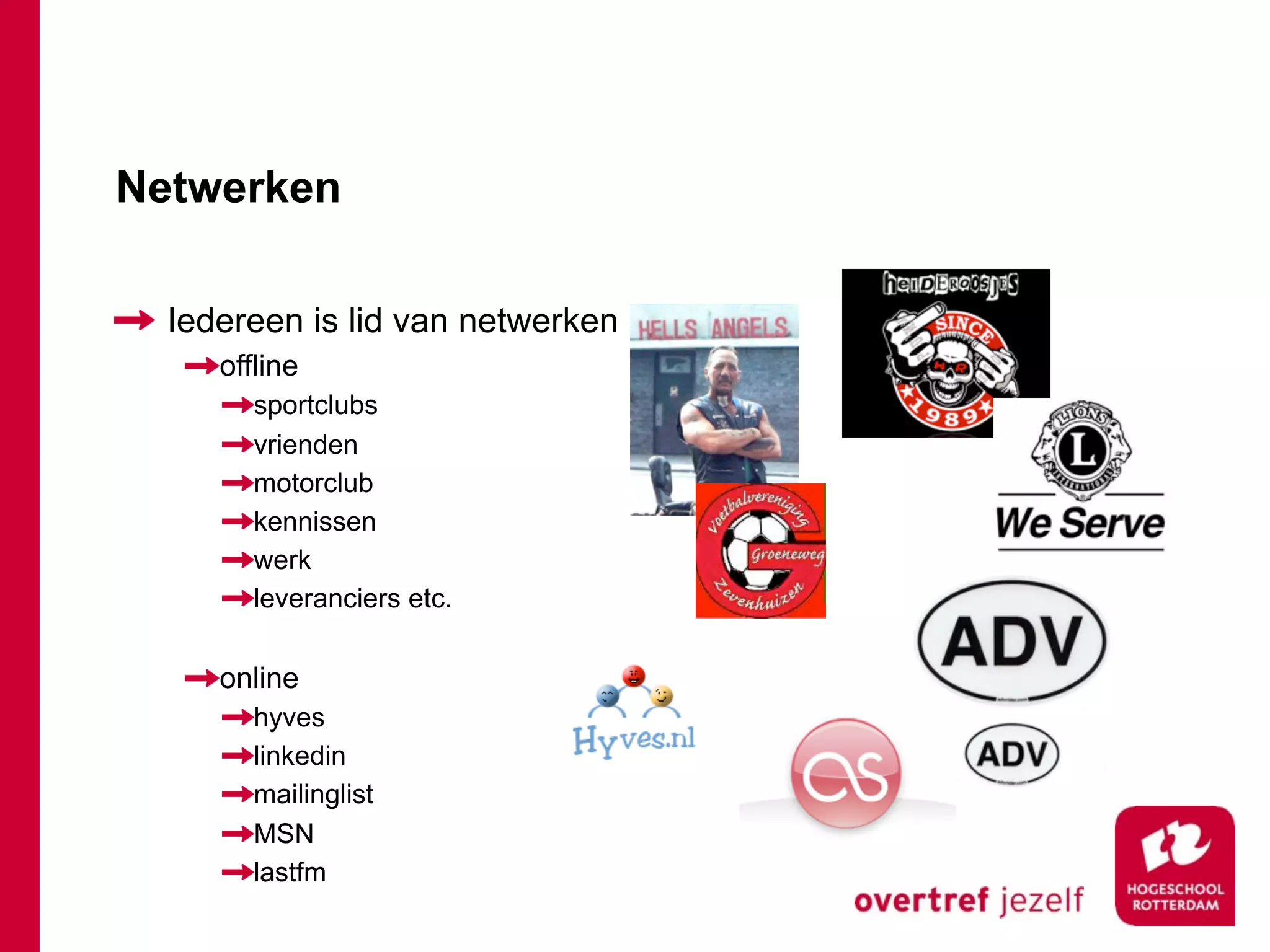 Netwerken

  Iedereen is lid van netwerken
     offline
        sportclubs
        vrienden
        motorclub
        kennissen
        werk
        leveranciers etc.

     online
        hyves
        linkedin
        mailinglist
        MSN
        lastfm
 