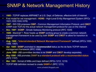 SNMP & Network Management History 1983  - TCP/IP replaces ARPANET at U.S. Dept. of Defense, effective birth of Internet First model for net management -  HEMS  - High-Level Entity Management System ( RFCs 1021,1022,1024,1076 ) 1987  - ISO OSI proposes  CMIP  - Common Management Information Protocol, and  CMOT  (CMIP over TCP) for the actual network management protocol for use on the internet Nov. 1987  -  SGMP  - Simple Gateway Monitoring protocol ( RFC 1028 ) 1989  - Marshall T. Rose heads up  SNMP  working group to create a common network management framework to be used by both  SGMP  and  CMOT   to allow for transition to  CMOT Aug. 1989  - “ Internet-standard Network Management Framework ” defined ( RFCs 1065, 1066, 1067 ) Apr. 1989  -  SNMP  promoted to  recommended  status as the de facto TCP/IP network management framework ( RFC 1098 ) June 1989  - IAB committee decides to let  SNMP  and  CMOT  develop separately May 1990  - IAB promotes  SNMP  to a  standard protocol with a recommended status  ( RFC 1157 ) Mar. 1991  - format of MIBs and traps defined ( RFCs 1212, 1215 ) TCP/IP MIB definition revised to create  SNMPv1  (RFC 1213) 