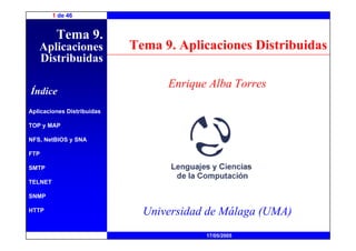 1 de 46


          Tema 9.
   Aplicaciones             Tema 9. Aplicaciones Distribuidas
   Distribuidas

                                  Enrique Alba Torres
Índice
Aplicaciones Distribuidas

TOP y MAP

NFS, NetBIOS y SNA

FTP

SMTP

TELNET

SNMP

HTTP                          Universidad de Málaga (UMA)
                                         17/05/2005
 