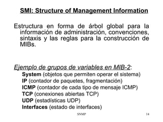 SMI:  Structure of Management Information <ul><li>Estructura en forma de árbol global para la información de administració...