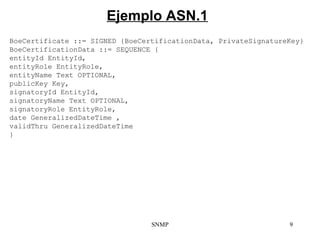 Ejemplo ASN.1 SNMP BoeCertificate ::= SIGNED {BoeCertificationData, PrivateSignatureKey} BoeCertificationData ::= SEQUENCE...