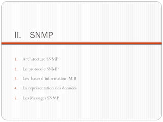 II. SNMP

1.   Architecture SNMP
2.   Le protocole SNMP
3.   Les bases d’information: MIB
4.   La représentation des données
5.   Les Messages SNMP
 