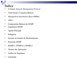 Índice

O Simple Network Management Protocol

Visão Geral e Conceitos Básicos

Management Information Bases (MIBs)

ASN.1

Componentes Básicos do SNMP

Arquitetura SNMP

Agente Principal

Subagente

Gerente ou Estação de Monitoramento

Protocolo SNMP

SNMPv1, SNMPv2 e SNMPv3

Alcance das Aplicações

Análise de Segurança

Conclusão
 