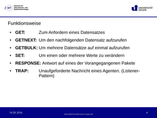 19.05.2016 4
Zentrum für
Informations- und
Medientechnologie
alexander.kiontke@uni-siegen.de
Funktionsweise
● GET: Zum Anfordern eines Datensatzes
● GETNEXT: Um den nachfolgenden Datensatz aufzurufen
● GETBULK: Um mehrere Datensätze auf einmal aufzurufen
● SET: Um einen oder mehrere Werte zu verändern
● RESPONSE: Antwort auf eines der Vorangegangenen Pakete
● TRAP: Unaufgeforderte Nachricht eines Agenten. (Listener-
Pattern)
 