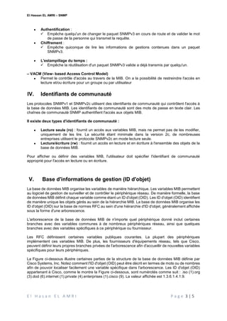 El Hassan EL AMRI – SNMP
E l H a s a n E L A M R I P a g e 3 | 5
 Authentification :
 Empêche quelqu'un de changer le paquet SNMPv3 en cours de route et de valider le mot
de passe de la personne qui transmet la requête.
 Chiffrement :
 Empêche quiconque de lire les informations de gestions contenues dans un paquet
SNMPv3.
 L'estampillage du temps :
 Empêche la réutilisation d'un paquet SNMPv3 valide a déjà transmis par quelqu'un.
– VACM (View- based Access Control Model)
 Permet le contrôle d'accès au travers de la MIB. On a la possibilité de restreindre l'accès en
lecture et/ou écriture pour un groupe ou par utilisateur
IV. Identifiants de communauté
Les protocoles SNMPv1 et SNMPv2c utilisent des identifiants de communauté qui contrôlent l'accès à
la base de données MIB. Les identifiants de communauté sont des mots de passe en texte clair. Les
chaînes de communauté SNMP authentifient l'accès aux objets MIB.
Il existe deux types d'identifiants de communauté :
 Lecture seule (ro) : fournit un accès aux variables MIB, mais ne permet pas de les modifier,
uniquement de les lire. La sécurité étant minimale dans la version 2c, de nombreuses
entreprises utilisent le protocole SNMPv2c en mode lecture seule.
 Lecture/écriture (rw) : fournit un accès en lecture et en écriture à l'ensemble des objets de la
base de données MIB.
Pour afficher ou définir des variables MIB, l'utilisateur doit spécifier l'identifiant de communauté
approprié pour l'accès en lecture ou en écriture.
V. Base d'informations de gestion (ID d'objet)
La base de données MIB organise les variables de manière hiérarchique. Les variables MIB permettent
au logiciel de gestion de surveiller et de contrôler le périphérique réseau. De manière formelle, la base
de données MIB définit chaque variable comme étant un ID d'objet (OID). Les ID d'objet (OID) identifient
de manière unique les objets gérés au sein de la hiérarchie MIB. La base de données MIB organise les
ID d'objet (OID) sur la base de normes RFC au sein d'une hiérarchie d'ID d'objet, généralement affichée
sous la forme d'une arborescence.
L'arborescence de la base de données MIB de n'importe quel périphérique donné inclut certaines
branches avec des variables communes à de nombreux périphériques réseau, ainsi que quelques
branches avec des variables spécifiques à ce périphérique ou fournisseur.
Les RFC définissent certaines variables publiques courantes. La plupart des périphériques
implémentent ces variables MIB. De plus, les fournisseurs d'équipements réseau, tels que Cisco,
peuvent définir leurs propres branches privées de l'arborescence afin d'accueillir de nouvelles variables
spécifiques pour leurs périphériques.
La Figure ci-dessous illustre certaines parties de la structure de la base de données MIB définie par
Cisco Systems, Inc. Notez comment l'ID d'objet (OID) peut être décrit en termes de mots ou de nombres
afin de pouvoir localiser facilement une variable spécifique dans l'arborescence. Les ID d'objet (OID)
appartenant à Cisco, comme le montre la Figure ci-dessous, sont numérotés comme suit : .iso (1).org
(3).dod (6).internet (1).private (4).enterprises (1).cisco (9). La valeur affichée est 1.3.6.1.4.1.9.
 