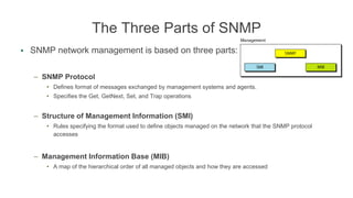 The Three Parts of SNMP
• SNMP network management is based on three parts:
– SNMP Protocol
• Defines format of messages exchanged by management systems and agents.
• Specifies the Get, GetNext, Set, and Trap operations
– Structure of Management Information (SMI)
• Rules specifying the format used to define objects managed on the network that the SNMP protocol
accesses
– Management Information Base (MIB)
• A map of the hierarchical order of all managed objects and how they are accessed
 