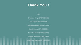 Thank You !
-By
Shantanu Hinge (BT14ECE028)
Isha Sagote (BT14ECE068)
Shubham Kanhere (BT14ECE081)
Sibhali Hastey (BT14ECE082)
Soumita Mandal (BT14ECE085)
Srushti Gajbhiye (BT14ECE086)
Utkarsha Warghade (BT14ECE098)
 