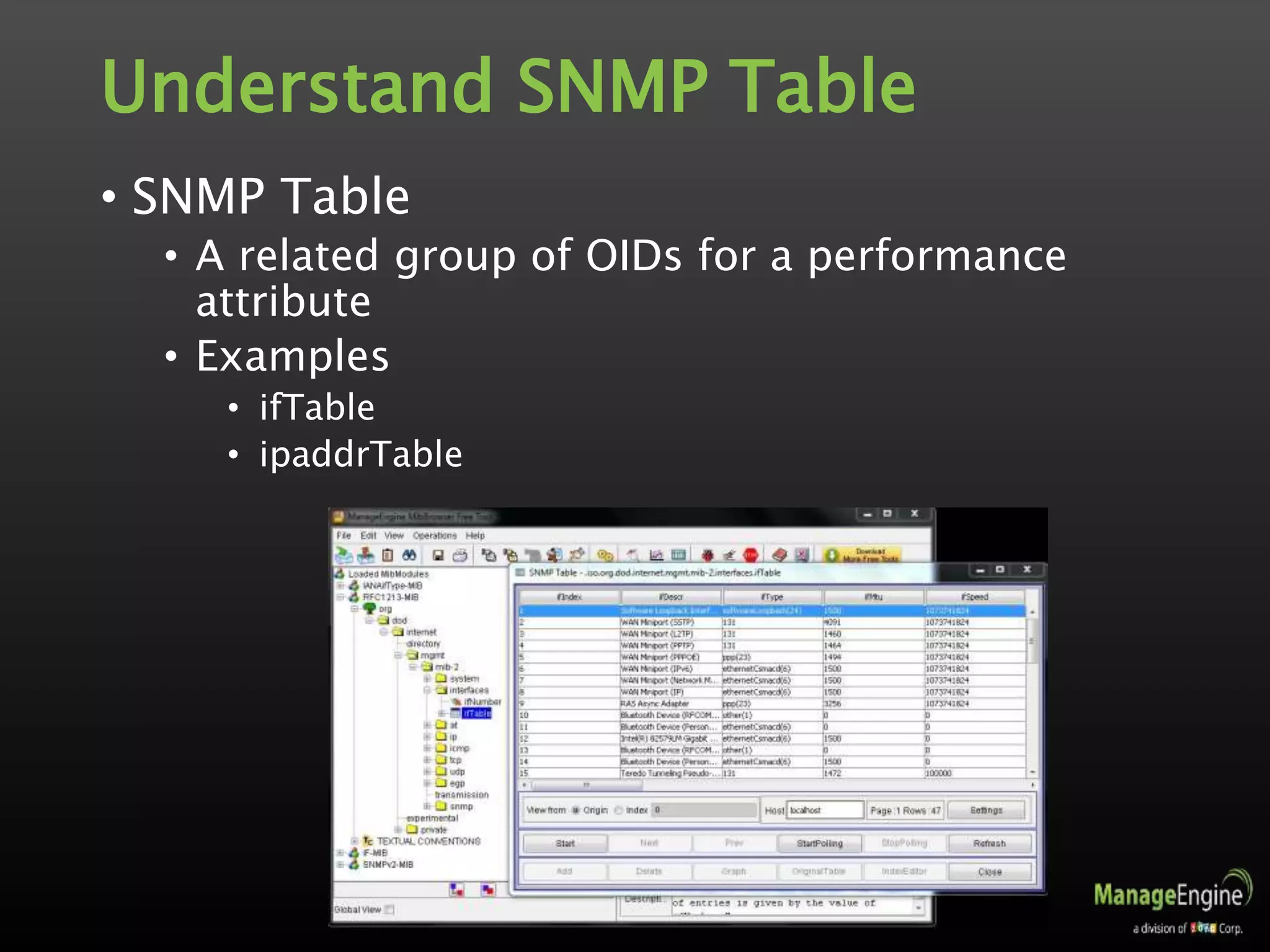 Understand SNMP Table
• SNMP Table
• A related group of OIDs for a performance
attribute
• Examples
• ifTable
• ipaddrTable
 