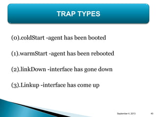 (0).coldStart -agent has been booted
(1).warmStart -agent has been rebooted
(2).linkDown -interface has gone down
(3).Link...