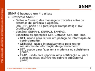 SNMP
Pós-Graduação Lato-Sensu em Segurança da Informação




                                                       SNMP é baseado em 4 partes:
                                                       • Protocolo SNMP
                                                              – Define o formato das mensagens trocadas entre os
                                                                sistemas de gerência e agentes.
                                                              – Usa UDP, porta 161 (requisições/respostas) e 162
                                                                (notificações).
                                                              – Versões: SNMPv1, SNMPv2, SNMPv3.
                                                              – Especifica as operações Get, GetNext, Set, and Trap.
                                                                  • GET, usado para retirar um pedaço de informação de
                                                                    gerenciamento.
                                                                  • GETNEXT, usado interativamente para retirar
                                                                    sequências de informação de gerenciamento.
                                                                  • SET, usado para fazer uma mudança no subsistema
                                                                    gerido.
                                                                  • TRAP, usado para reportar uma notificação ou para
                                                                    outros eventos assíncronos sobre o subsistema
                                                                    gerido

                                                      © Aécio, Alberto e Pedro, 2010 ― SNMP / ZABIX                  9
 