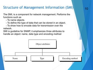 Structure of Management Information (SMI)
The SMI, is a component for network management. Performs the
functions such as
- To name objects.
- To define the type of data that can be stored in an object.
- To show how to encode data for transmission over the
network.
SMI is guideline for SNMP, it emphasizes three attributes to
handle an object: name, data type and encoding method
10
 