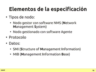 Elementos de la especificación
       ●
           Tipos de nodo:
           ●
               Nodo gestor con software NMS...