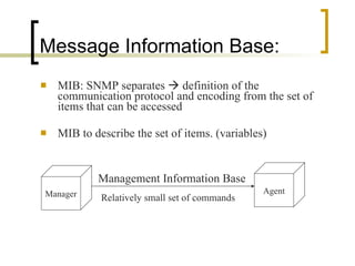 Message Information Base: MIB: SNMP separates    definition of the communication protocol and encoding from the set of items that can be accessed MIB to describe the set of items. (variables) Manager Agent Management Information Base Relatively small set of commands 
