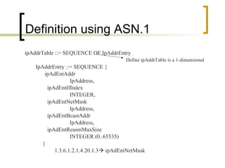 Definition using ASN.1 ipAddrTable ::= SEQUENCE OF IpAddrEntry IpAddrEntry ::= SEQUENCE { ipAdEntAddr IpAddress, ipAdEntIfIndex INTEGER, ipAdEntNetMask IpAddress, ipAdEntBcastAddr IpAddress, ipAdEntReasmMaxSize INTEGER (0..65535)   } 1.3.6.1.2.1.4.20.1.3   ipAdEntNetMask Define ipAddrTable is a 1-dimensional 