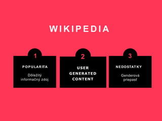 W I K I P E D I A
Dôležitý
informačný zdoj
1
PO P U LAR ITA
2
USER
GENERATED
CONTENT
Genderová
priepasť
3
NEDOSTAT KY
 