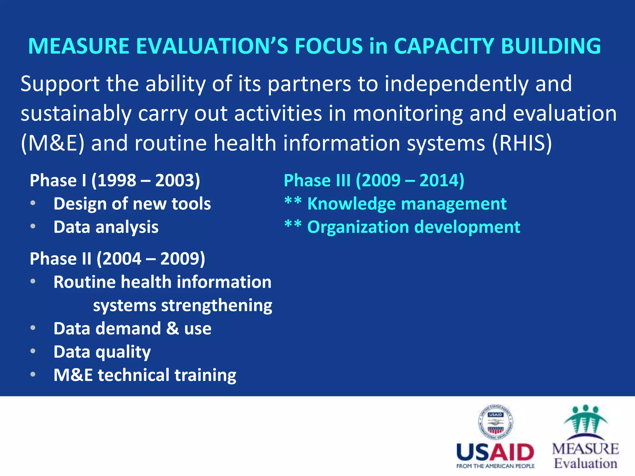 MEASURE EVALUATION’S FOCUS in CAPACITY BUILDING
Support the ability of its partners to independently and
sustainably carry out activities in monitoring and evaluation
(M&E) and routine health information systems (RHIS)
Phase I (1998 – 2003)           Phase III (2009 – 2014)
• Design of new tools           ** Knowledge management
• Data analysis                 ** Organization development
Phase II (2004 – 2009)
• Routine health information
        systems strengthening
• Data demand & use
• Data quality
• M&E technical training
 