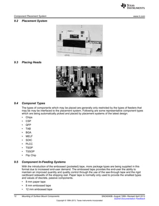 Component Placement System www.ti.com
9.2 Placement System
9.3 Placing Heads
9.4 Componet Types
The types of components which may be placed are generally only restricted by the types of feeders that
may be may be interfaced to the placement system. Following are some representative component types
which are being automatically picked and placed by placement systems of the latest design:
• Chips
• CSP
• QFP
• TAB
• BGA
• MELF
• SOIC
• PLCC
• TSOP
• TSSOP
• Flip Chip
9.5 Component In-Feeding Systems
With the introduction of the embossed (pocketed) tape, more package types are being supplied in this
format due to increased end-user demand. The embossed tape provides the end-user the ability to
maintain an improved quantity and quality control through the use of the see-through tape and the rigid
cardboard sidewalls of the shipping reel. Paper tape is normally only used to provide the smallest types
and values of discrete, passive components.
• 8 mm paper tape
• 8 mm embossed tape
• 12 mm embossed tape
12 Mounting of Surface Mount Components SNOA040B–August 1999–Revised April 2013
Submit Documentation Feedback
Copyright © 1999–2013, Texas Instruments Incorporated
 