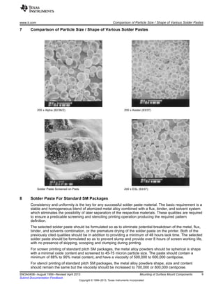 www.ti.com Comparison of Particle Size / Shape of Various Solder Pastes
7 Comparison of Particle Size / Shape of Various Solder Pastes
200 x Alpha (62/36/2) 200 x Kester (63/37)
Solder Paste Screened on Pads 200 x ESL (63/37)
8 Solder Paste For Standard SM Packages
Consistency and uniformity is the key for any successful solder paste material. The basic requirement is a
stable and homogeneous blend of atomized metal alloy combined with a flux, binder, and solvent system
which eliminates the possibility of later separation of the respective materials. These qualities are required
to ensure a predicable screening and stenciling printing operation producing the required pattern
definition.
The selected solder paste should be formulated so as to eliminate potential breakdown of the metal, flux,
binder, and solvents combination, or the premature drying of the solder paste on the printer. Both of the
previously cited qualities should be in addition to providing a minimum of 48 hours tack time. The selected
solder paste should be formulated so as to prevent slump and provide over 8 hours of screen working life,
with no presence of skipping, scooping and clumping during printing.
For screen printing of standard pitch SM packages, the metal alloy powders should be spherical is shape
with a minimal oxide content and screened to 45-75 micron particle size. The paste should contain a
minimum of 88% to 90% metal content, and have a viscosity of 500,000 to 600,000 centipoise.
For stencil printing of standard pitch SM packages, the metal alloy powders shape, size and content
should remain the same but the viscosity should be increased to 700,000 or 800,000 centipoise.
9
SNOA040B–August 1999–Revised April 2013 Mounting of Surface Mount Components
Submit Documentation Feedback
Copyright © 1999–2013, Texas Instruments Incorporated
 